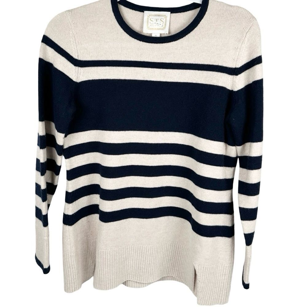 STS Sail to Sable Navy Cream Striped Knit Wool Cashmere Crewneck Sweater Medium